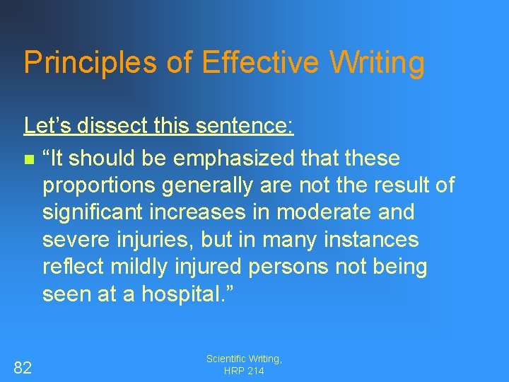 Principles of Effective Writing Let’s dissect this sentence: n “It should be emphasized that