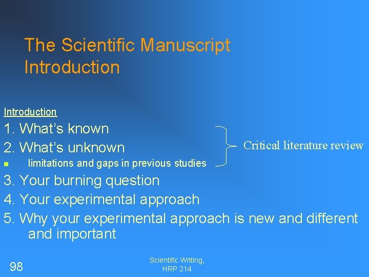 The Scientific Manuscript Introduction 1. What’s known 2. What’s unknown Critical literature review limitations