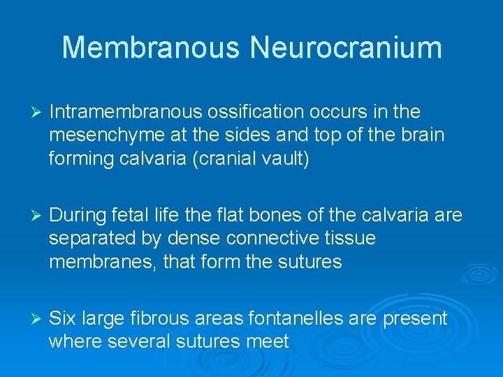 Membranous Neurocranium Ø Intramembranous ossification occurs in the mesenchyme at the sides and top
