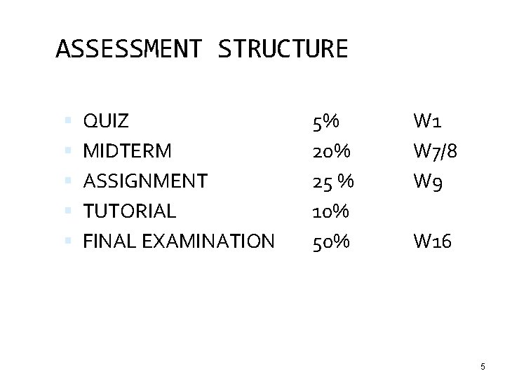 ASSESSMENT STRUCTURE QUIZ MIDTERM ASSIGNMENT TUTORIAL FINAL EXAMINATION 5% 20% 25 % 10% 50%