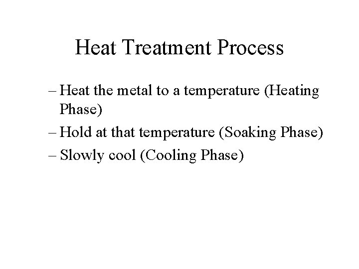 Heat Treatment Process – Heat the metal to a temperature (Heating Phase) – Hold