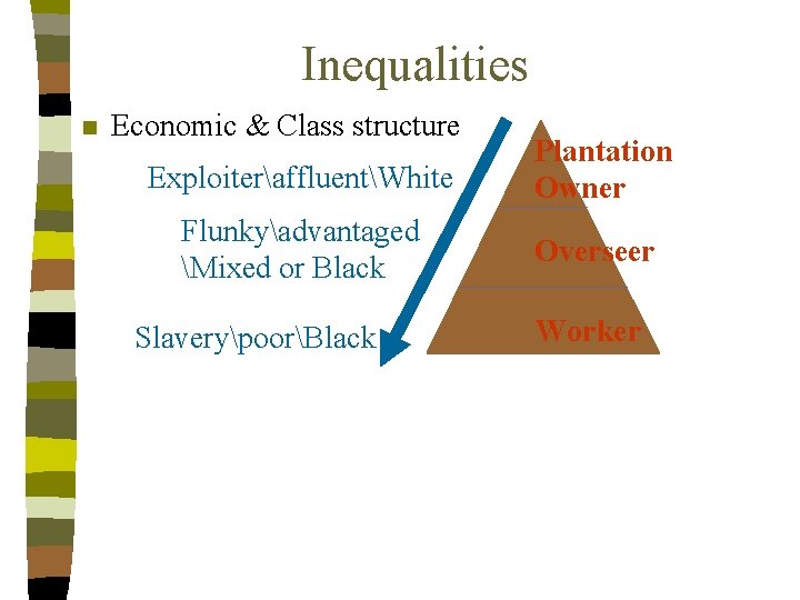 Inequalities n Economic & Class structure ExploiteraffluentWhite Plantation Owner Flunkyadvantaged Mixed or Black Overseer