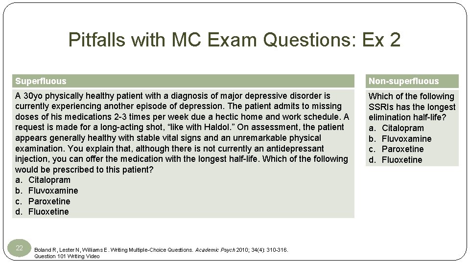 Pitfalls with MC Exam Questions: Ex 2 Superfluous Non-superfluous A 30 yo physically healthy Pitfalls with MC Exam Questions: Ex 2 Superfluous Non-superfluous A 30 yo physically healthy
