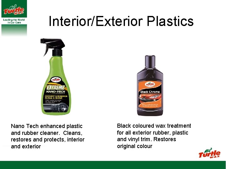 Interior/Exterior Plastics Nano Tech enhanced plastic and rubber cleaner. Cleans, restores and protects, interior