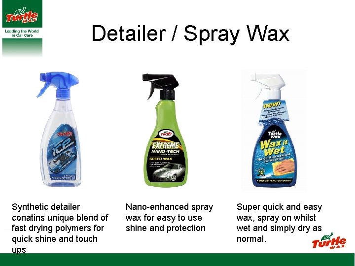 Detailer / Spray Wax Synthetic detailer conatins unique blend of fast drying polymers for