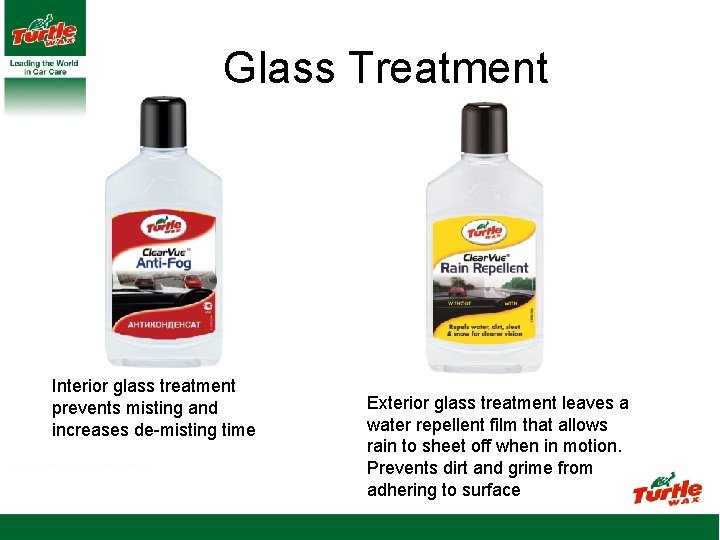 Glass Treatment Interior glass treatment prevents misting and increases de-misting time Exterior glass treatment