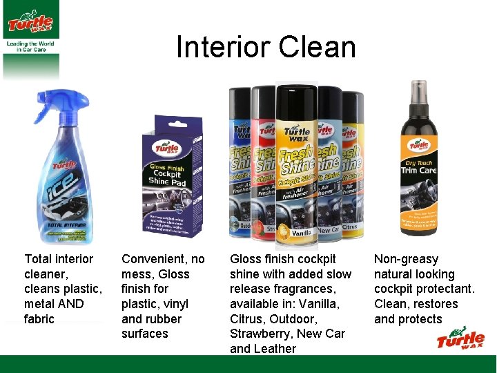 Interior Clean Total interior cleaner, cleans plastic, metal AND fabric Convenient, no mess, Gloss