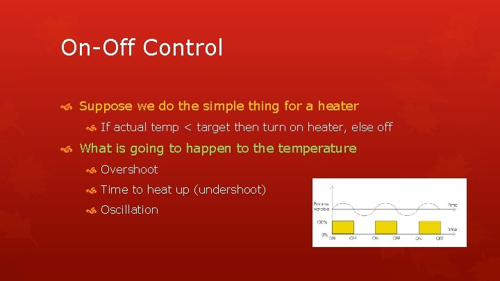 On-Off Control Suppose we do the simple thing for a heater If actual temp