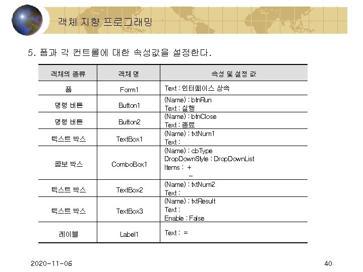  객체 지향 프로그래밍 5. 폼과 각 컨트롤에 대한 속성값을 설정한다. 객체의 종류 객체