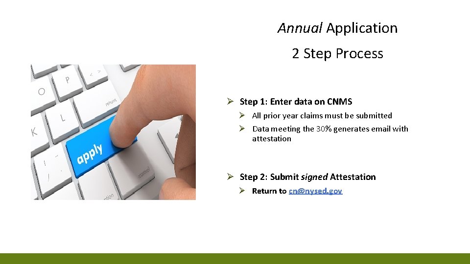 Annual Application 2 Step Process Ø Step 1: Enter data on CNMS Ø All