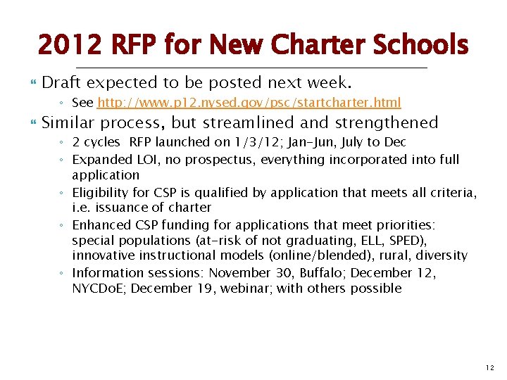 2012 RFP for New Charter Schools Draft expected to be posted next week. ◦