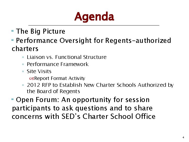 Agenda The Big Picture Performance Oversight for Regents-authorized charters ◦ Liaison vs. Functional Structure