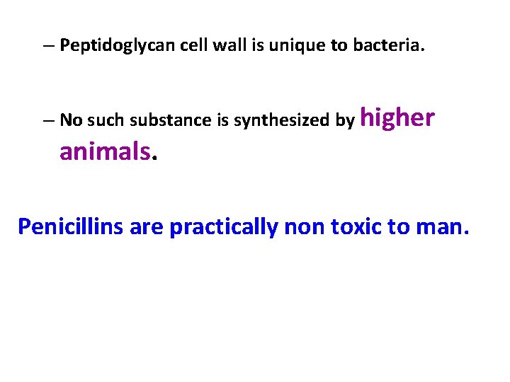 – Peptidoglycan cell wall is unique to bacteria. – No such substance is synthesized