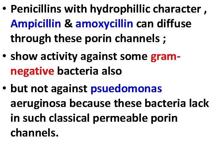  • Penicillins with hydrophillic character , Ampicillin & amoxycillin can diffuse through these