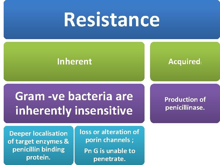 Resistance Inherent Acquired: Gram -ve bacteria are inherently insensitive Production of penicillinase. Deeper localisation