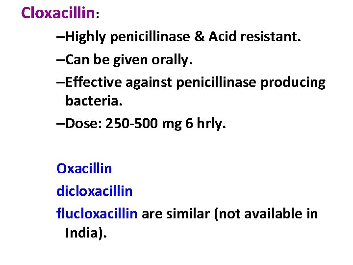 Cloxacillin: –Highly penicillinase & Acid resistant. –Can be given orally. –Effective against penicillinase producing