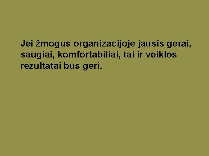 Jei žmogus organizacijoje jausis gerai, saugiai, komfortabiliai, tai ir veiklos rezultatai bus geri. 