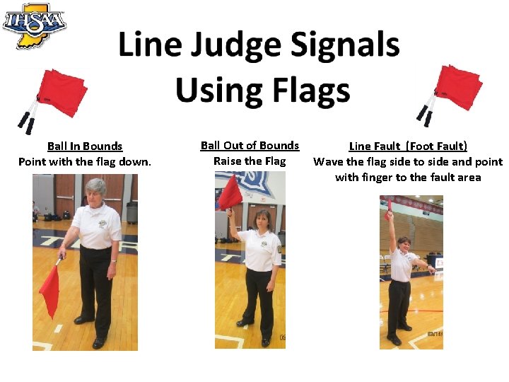 Ball In Bounds Point with the flag down. Ball Out of Bounds Raise the