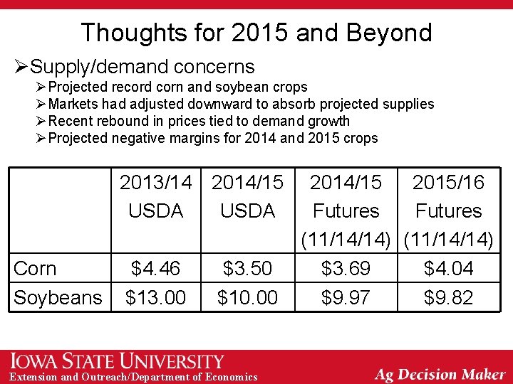 Thoughts for 2015 and Beyond ØSupply/demand concerns ØProjected record corn and soybean crops ØMarkets