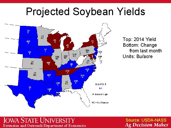 Projected Soybean Yields Top: 2014 Yield Bottom: Change from last month Units: Bu/acre Source: