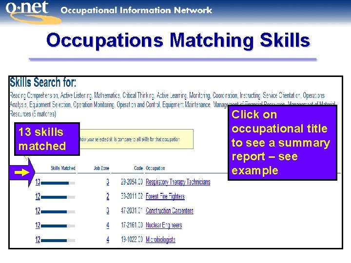 Occupations Matching Skills 13 skills matched Click on occupational title to see a summary