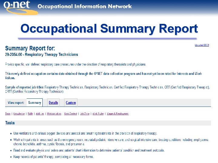 Occupational Summary Report 21 