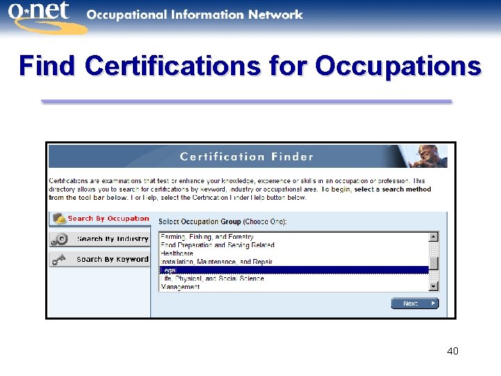 Find Certifications for Occupations 40 