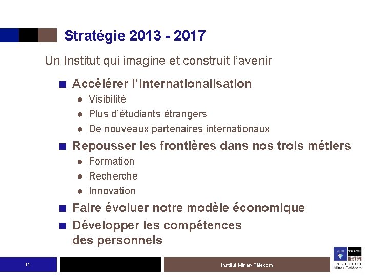 Stratégie 2013 - 2017 Un Institut qui imagine et construit l’avenir ■ Accélérer l’internationalisation