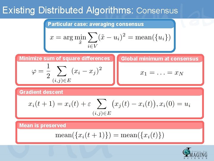 Existing Distributed Algorithms: Consensus Particular case: averaging consensus Minimize sum of square differences Gradient