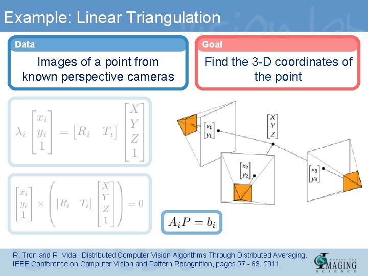 Example: Linear Triangulation Data Images of a point from known perspective cameras Goal Find