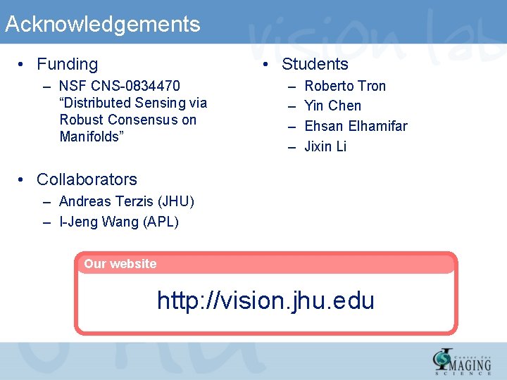 Acknowledgements • Funding • Students – NSF CNS-0834470 “Distributed Sensing via Robust Consensus on