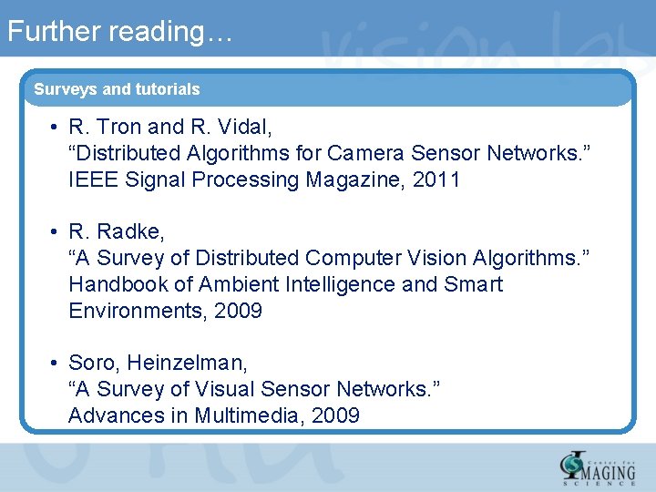 Further reading… Surveys and tutorials • R. Tron and R. Vidal, “Distributed Algorithms for