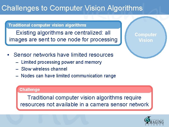 Challenges to Computer Vision Algorithms Traditional computer vision algorithms Existing algorithms are centralized: all