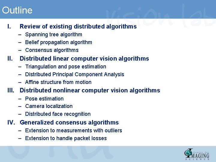 Outline I. Review of existing distributed algorithms – Spanning tree algorithm – Belief propagation