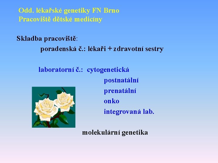 Odd. lékařské genetiky FN Brno Pracoviště dětské medicíny Skladba pracoviště: poradenská č. : lékaři