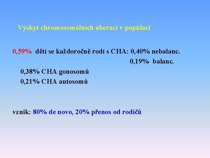 Výskyt chromosomálních aberací v populaci 0, 59% dětí se každoročně rodí s CHA: 0,