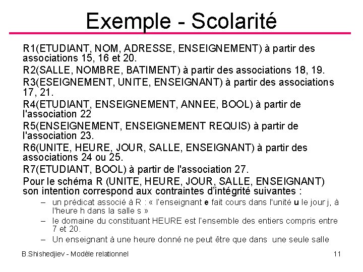 Exemple - Scolarité R 1(ETUDIANT, NOM, ADRESSE, ENSEIGNEMENT) à partir des associations 15, 16