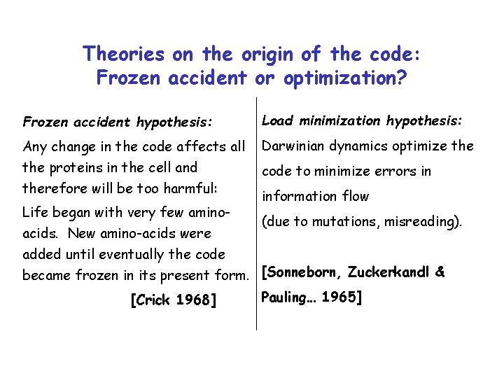 Theories on the origin of the code: Frozen accident or optimization? Frozen accident hypothesis: