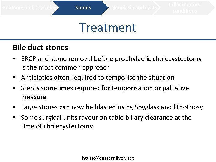 Anatomy and physiology Stones Neoplasia and cysts Inflammatory conditions Treatment Bile duct stones •