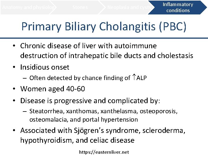 Anatomy and physiology Stones Neoplasia and cysts Inflammatory conditions Primary Biliary Cholangitis (PBC) •