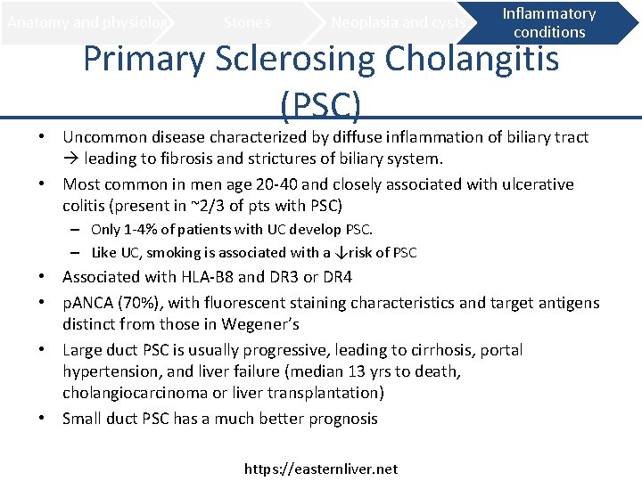 Anatomy and physiology Stones Neoplasia and cysts Inflammatory conditions Primary Sclerosing Cholangitis (PSC) •