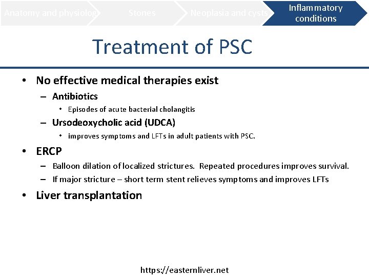 Anatomy and physiology Stones Neoplasia and cysts Inflammatory conditions Treatment of PSC • No