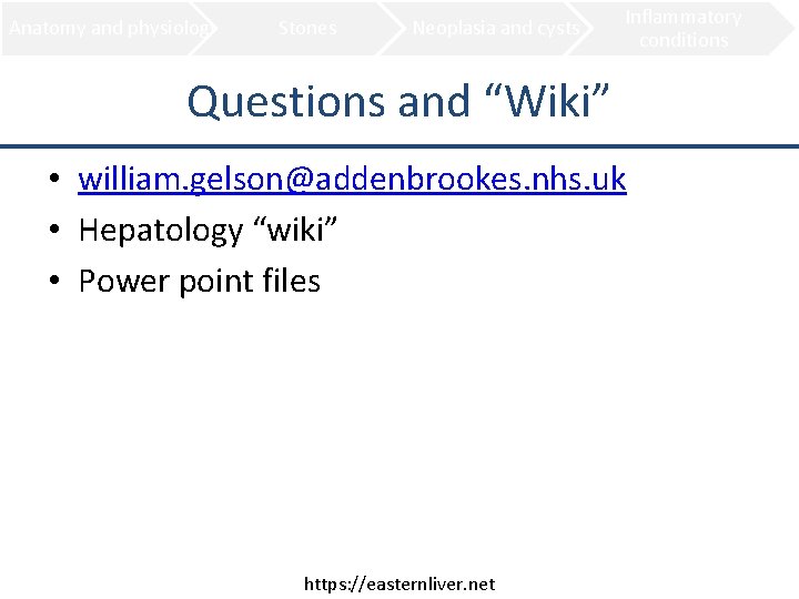 Anatomy and physiology Stones Neoplasia and cysts Inflammatory conditions Questions and “Wiki” • william.