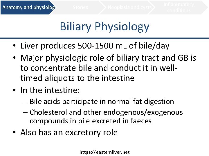 Anatomy and physiology Stones Neoplasia and cysts Inflammatory conditions Biliary Physiology • Liver produces