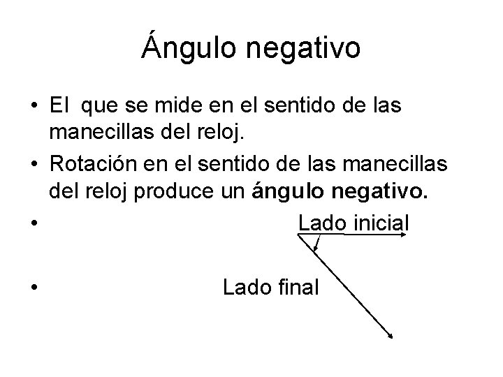 Ángulo negativo • El que se mide en el sentido de las manecillas del