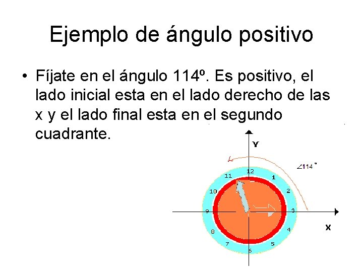 Ejemplo de ángulo positivo • Fíjate en el ángulo 114º. Es positivo, el lado