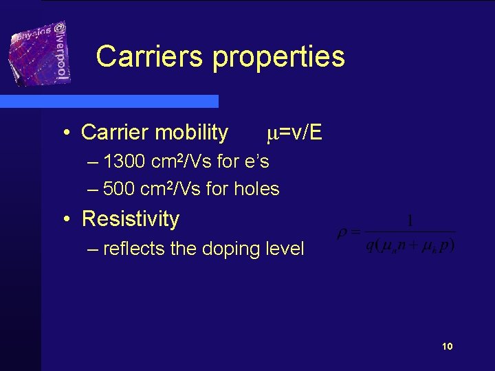 Carriers properties • Carrier mobility m=v/E – 1300 cm 2/Vs for e’s – 500