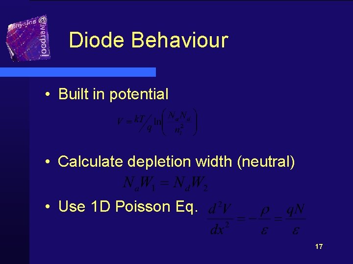 Diode Behaviour • Built in potential • Calculate depletion width (neutral) • Use 1