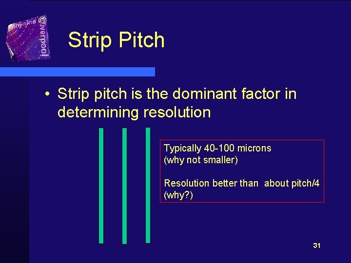 Strip Pitch • Strip pitch is the dominant factor in determining resolution Typically 40