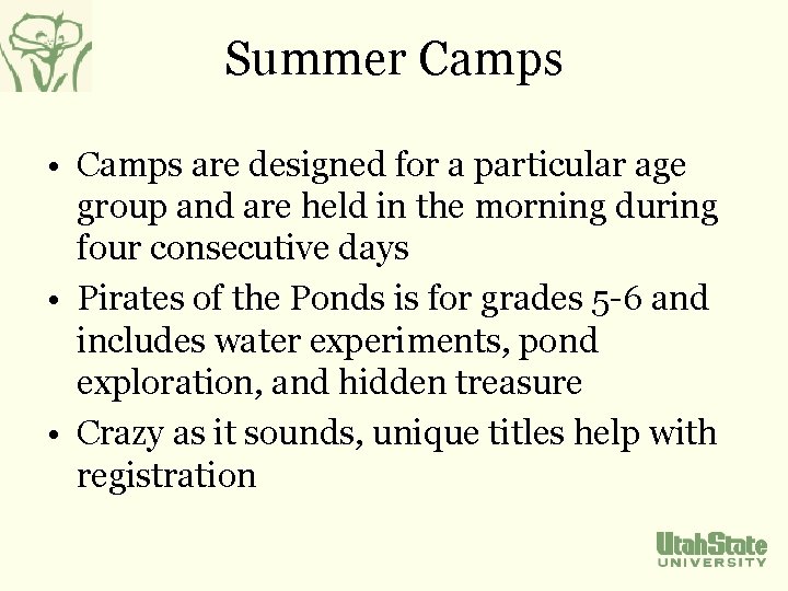 Summer Camps • Camps are designed for a particular age group and are held